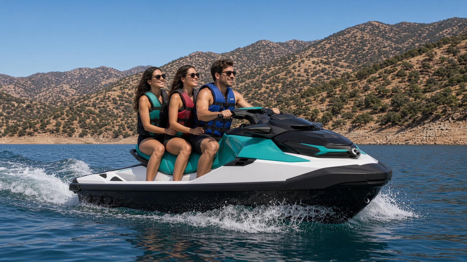 Three adults in life jackets riding the GTX Pro 130